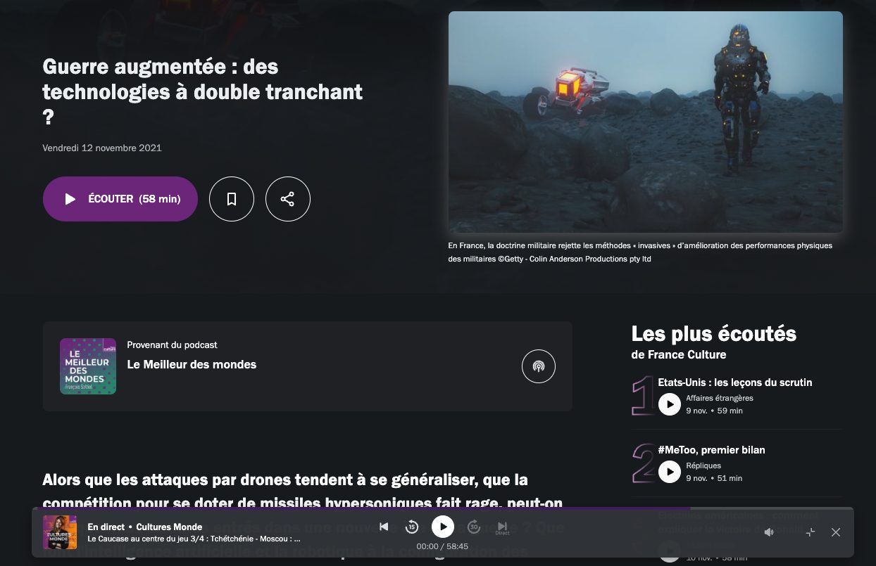 Capture d'écran du site de France culture. Lien vers une source complémentaire pour aller plus loin sur les thématiques Technologiques et guerres développées dans l'article.