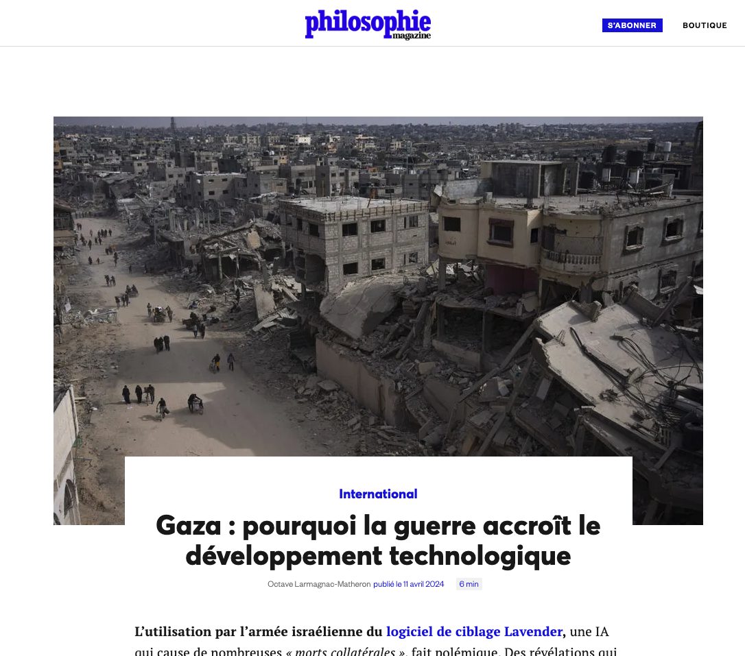 Capture d'écran du site de philosophie magazine. Lien vers une source complémentaire pour aller plus loin sur les thématiques Technologiques et guerres développées dans l'article.